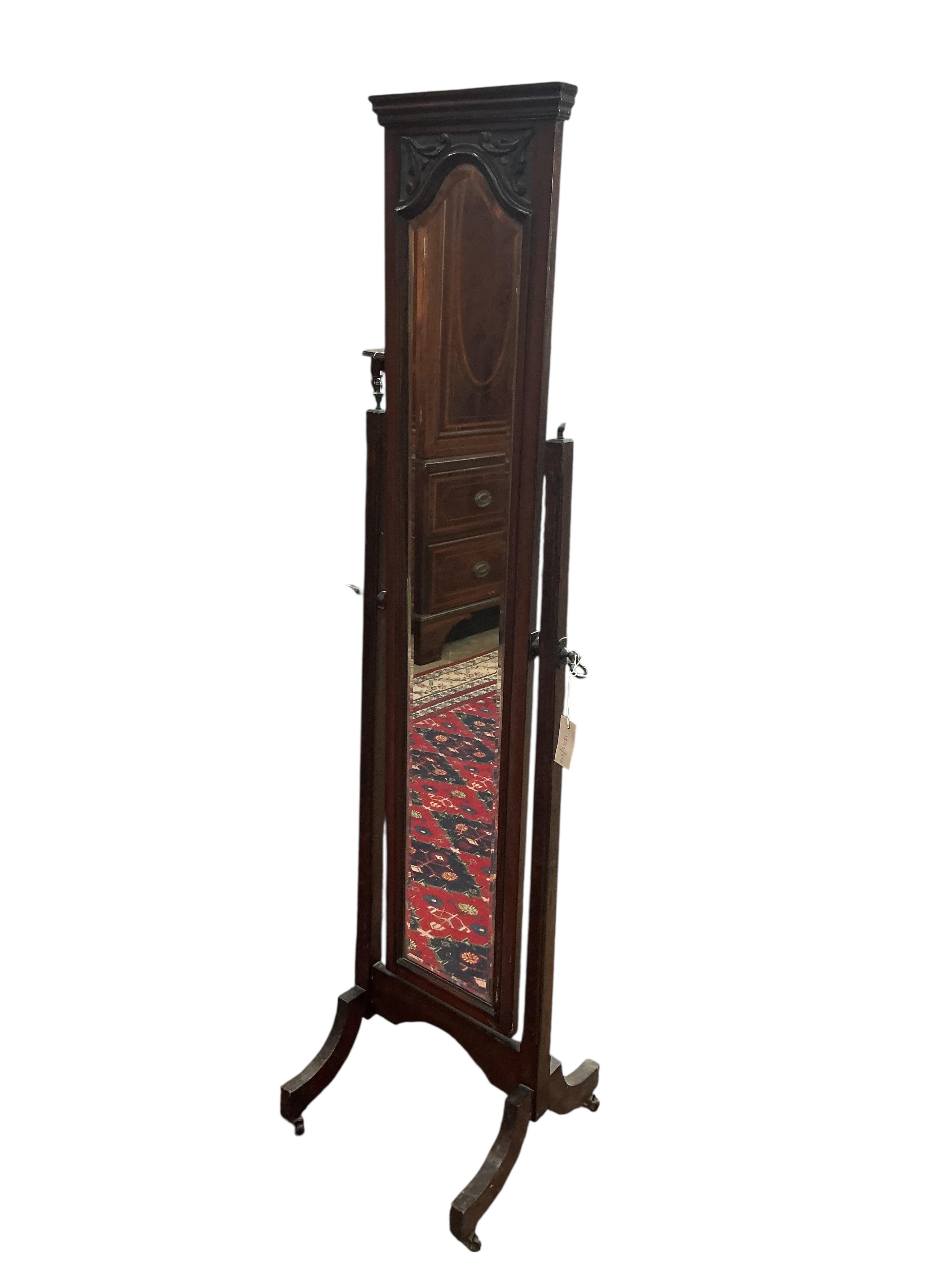 A narrow Victorian and later mahogany cheval mirror, width 46cm, height 163cm